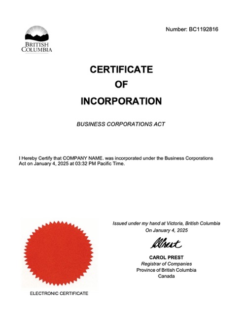 British Columbia certificate of incorporation Word and PDF template, version 2